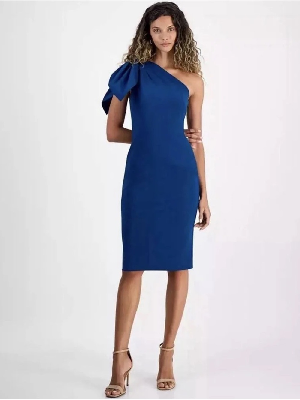 Rachel Roy Women's Blue Laverne One-Shoulder Bow Midi Dress Size Small NWT